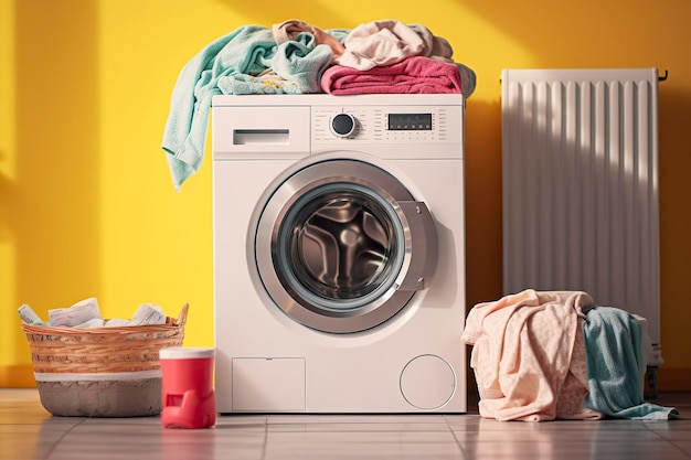 Clean and washed clothes next to a home washing machine