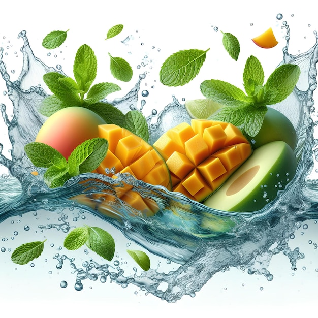 Clean water splash with mint leaves mango slices and splatters in water wave isolated on white