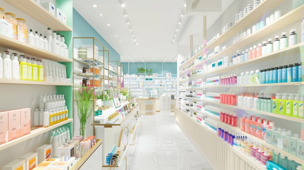 A clean welllit pharmacy aisle filled with neatly organized products under soft lighting creating a welcoming shopping atmosphere