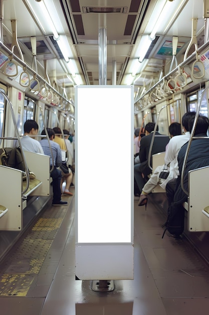 Clean white banner stand provides a message board in a crowded subway car