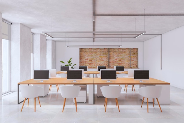 Clean white concrete and brick coworking office interior with furniture and equipment 3D Rendering