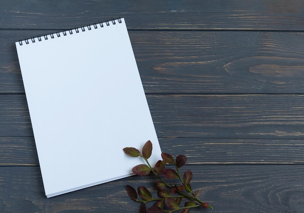 A clean white notebook page with a twig on a wooden background Space for text