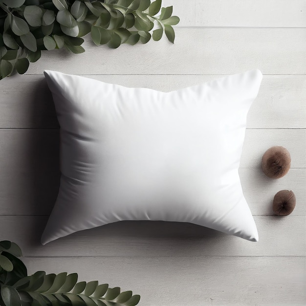 Clean white pillow mockup on white background Flat Lay style