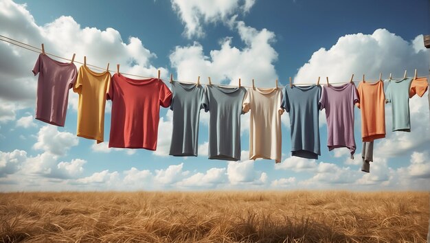 clean white Tshirt is drying on a clothesline against the sky