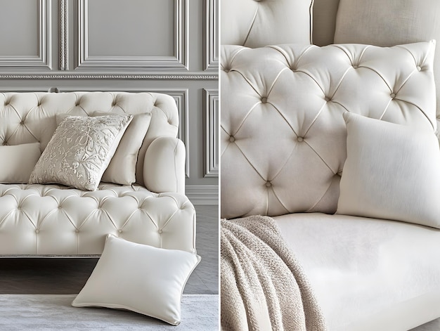 Photo clean white tufted upholstery pattern with a soft luxurious texture featuring classic button detailing and elegant diamondshaped folds