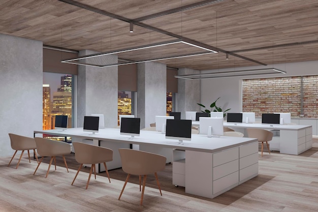 Clean wooden and concrete coworking office interior with furniture and equipment 3D Rendering