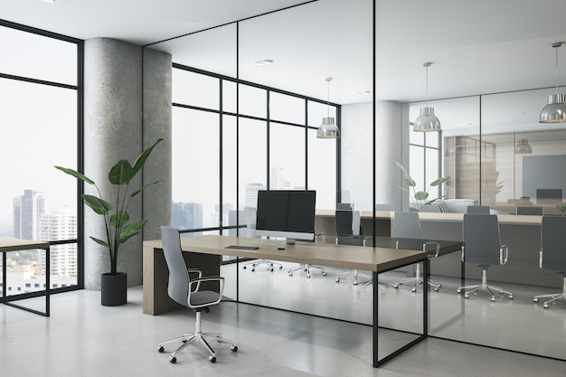 Clean wooden concrete and glass coworking office interior with furniture equipment window and city view Law legal and commercial workplace concept 3D Rendering