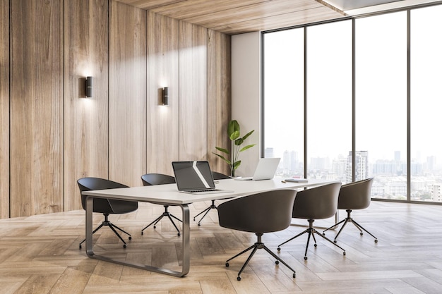 Clean wooden conference room interior with furniture and window with window and city view Design and workplace concept 3D Rendering