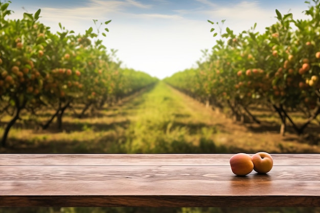 Clean wooden table foregrounds blurred expansive apple grove background creating a serene scene