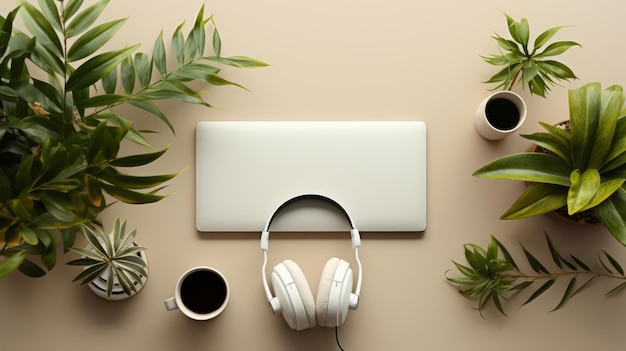 Clean Workspace Design White Headphones Digital Tablet and Stationer