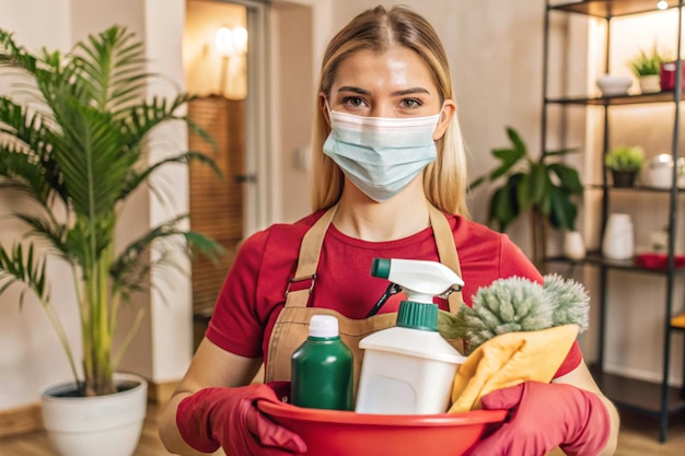 Photo cleaner in a face mask showing her cleaning products