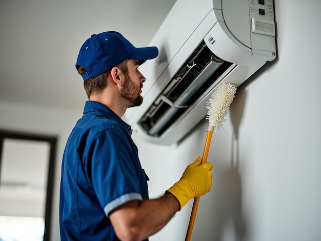 Cleaning the air conditioning hanging on the wall the worker cleans the air conditioning