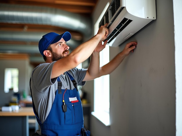 Cleaning the air conditioning hanging on the wall the worker cleans the air conditioning