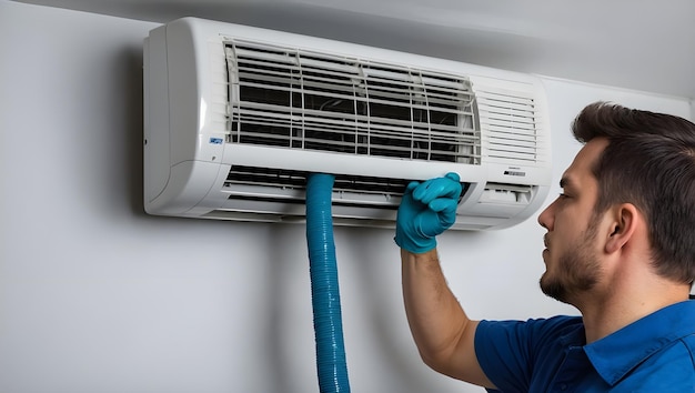 Cleaning the air conditioning hanging on the wall the worker cleans the air conditioning