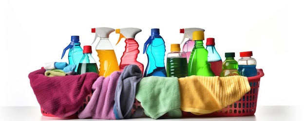 Cleaning bottles in plastic basin on white background Clean sprays botlle for clean housework banner