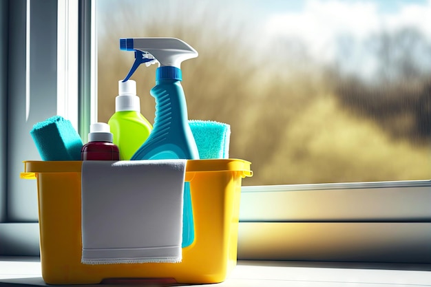 Cleaning bucket with cleaning products on light window sill against background of window