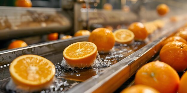 Photo cleaning conveyor belt in fruit production line with orange citrus solution concept fruit production line cleaning process conveyor belt maintenance citrus cleaning solution food safety