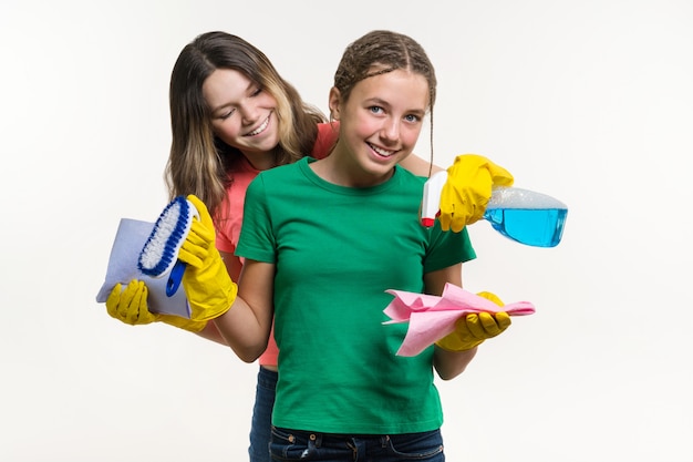 Cleaning, domestic duties and teamwork concept