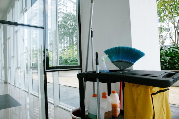 Cleaning equipment in the hallway of a modern house Cleaning services concept