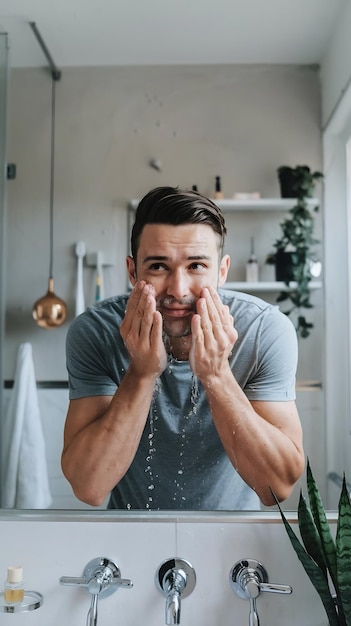 Photo cleaning face and water with man in bathroom for morning hydration hygiene or washing routine