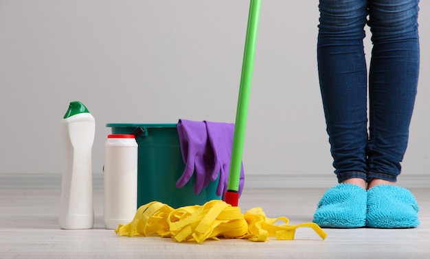 Cleaning floor in room close-up