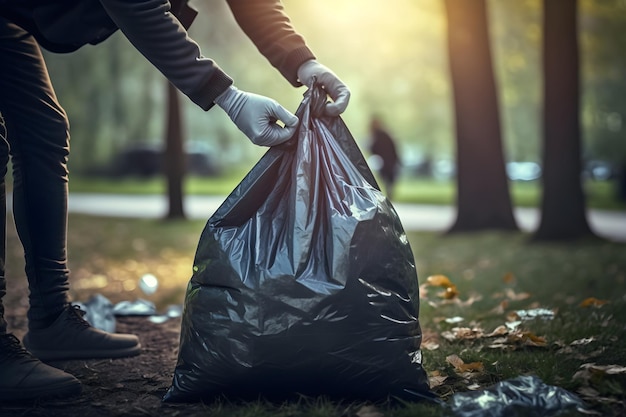 Cleaning garbage in bags in the park Closeup of a volunteer collecting plastic waste Generative AI