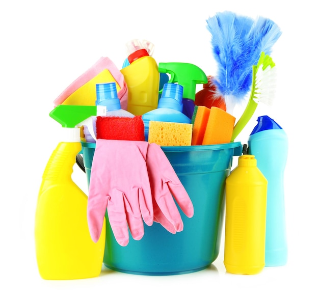 Cleaning items in bucket isolated on white