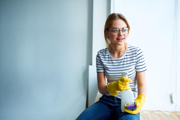 Cleaning lady at home interior care job rendering service detergent