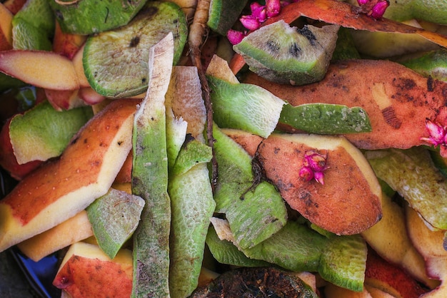 Cleaning and leftovers from potatoes and beets after cooking a meal or dish Closeup of vegetable waste Background