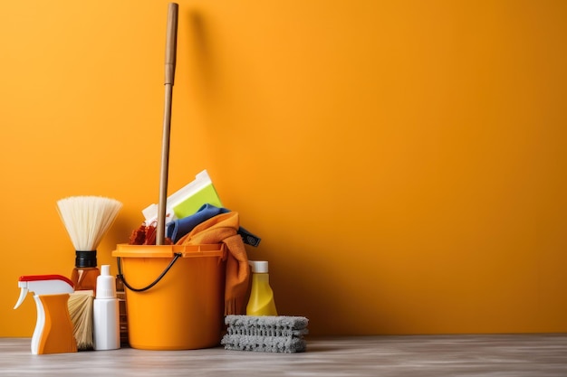 Cleaning mop and bucket of cleaning supplies bottles orange background Cleaning services company