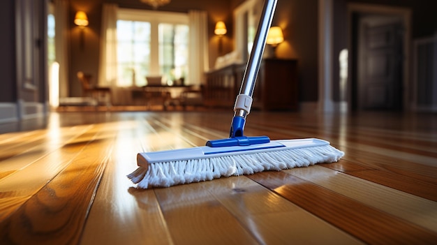 Cleaning parquet floor with mop