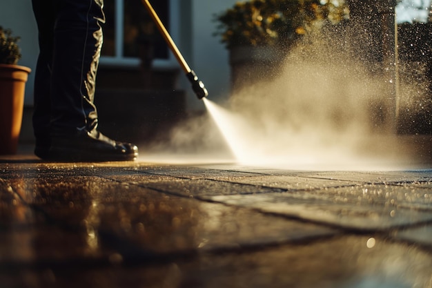 Photo cleaning the patio with a pressure washer during a sunny afternoon in a residential area