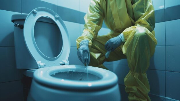 Photo cleaning professional wearing protective gear working in bathroom at night