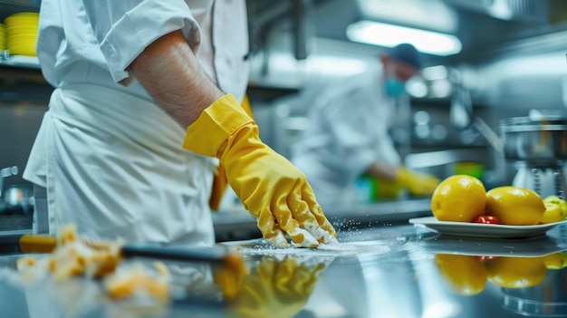 Photo cleaning restaurant kitchen caucasian chef ensuring hygienic standards in food industry