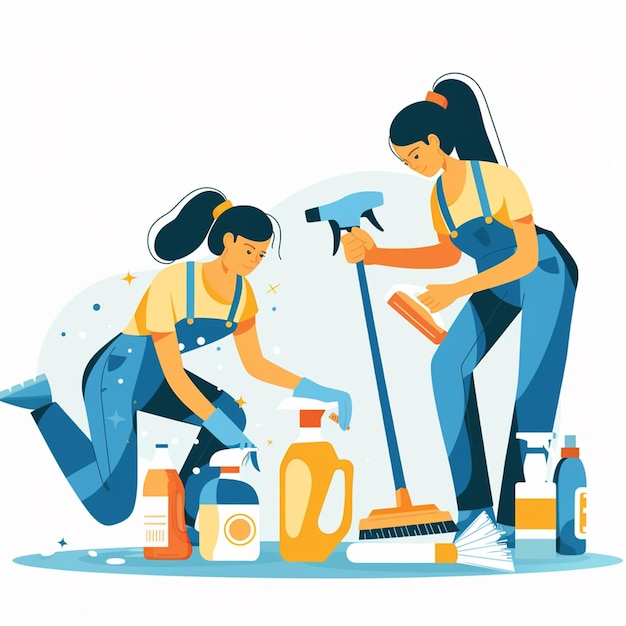 Photo cleaning service concept illustration the cleaning team with professional equipments is ready work