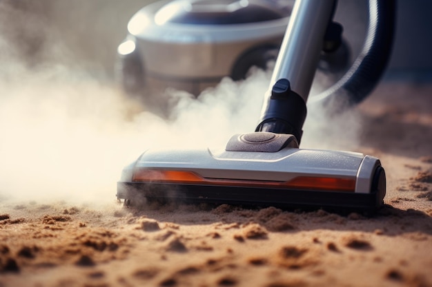 Cleaning service concept steam cleaner removes dirt from carpet in closeup plain