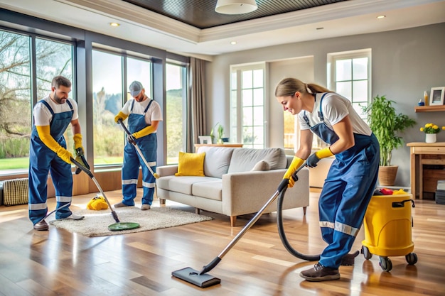 Cleaning service employees with professional equipment cleaning a private home after renovation