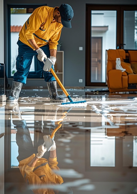 Cleaning service man in yellow workwear cleans hardwood flooring with a mop