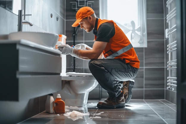 A cleaning service worker in a bright orange vest and white gloves is kneeling on the floor and cleaning a toilet in a modern bathroom