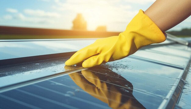 Cleaning the solar panel with hand