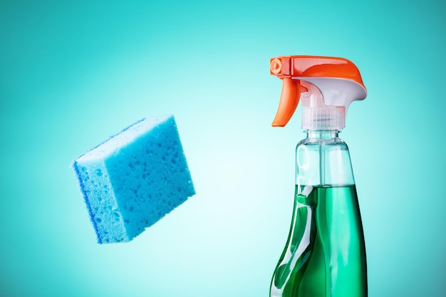 Cleaning Spray Bottle With Sponge Cleaning and Hygiene Concept