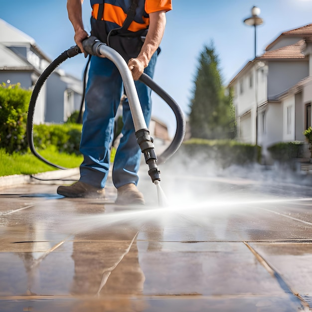 cleaning staff hoses a portable car for washing the concrete floor with highpressure water jets