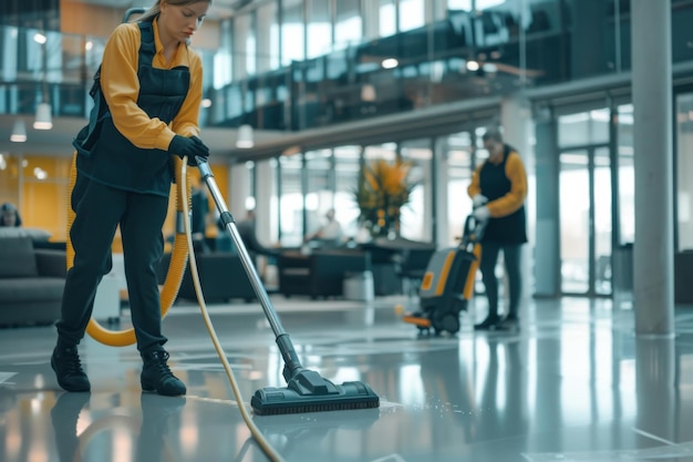 Photo cleaning staff in uniforms and safety vests working in a modern office building with polished floors