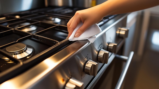 Photo cleaning a stainless steel gas stove with a cloth in a modern kitchen during daylight hours