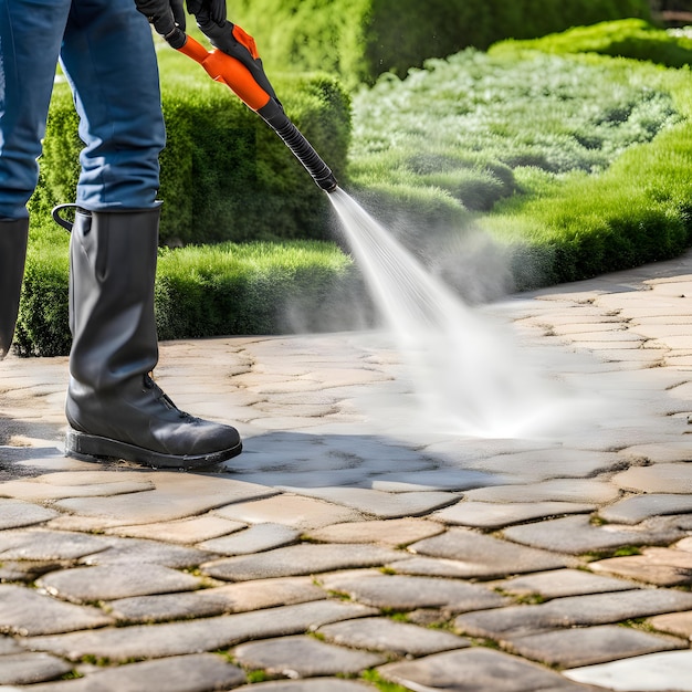 Cleaning street with high pressure power washer washing stone garden paths