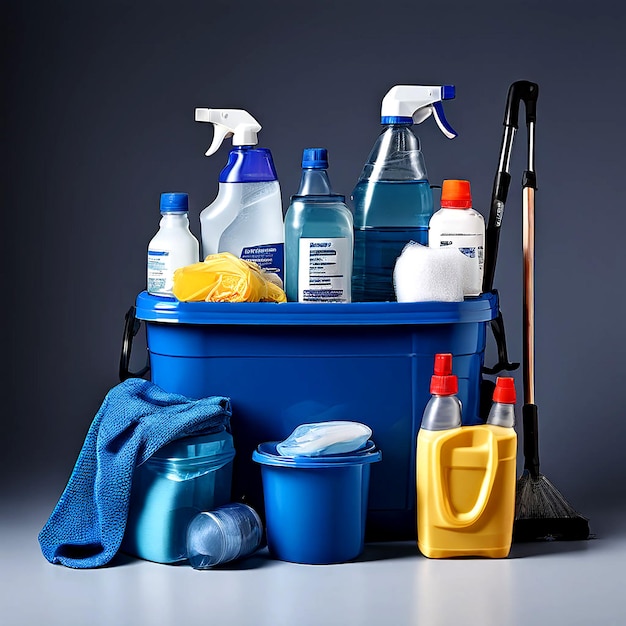 Cleaning supplies and equipment on a blue container