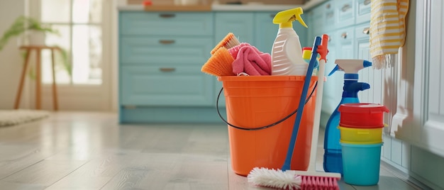 Cleaning supplies ready for action in a bright home setting symbolizing cleanliness and domestic order