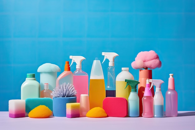 Cleaning supplies in various hues are displayed against a blue backdrop Rainbowcolored spray bottles...