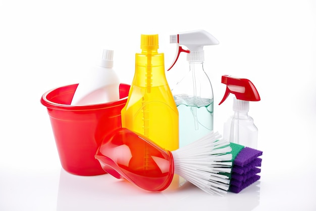 Cleaning supplies on a white background for product shot created with generative ai