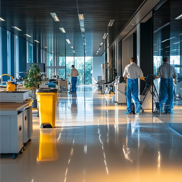 A cleaning team performing a deep clean of an office space including desks floors and communal a